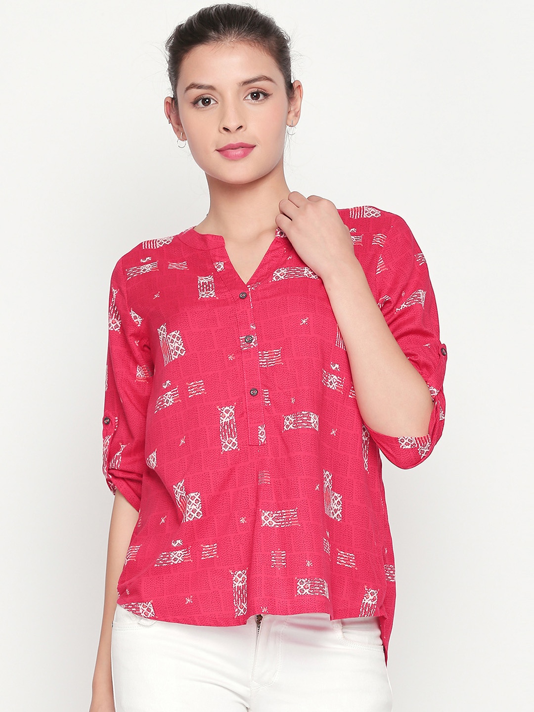 

AKKRITI BY PANTALOONS Women Pink Printed Shirt Style Top