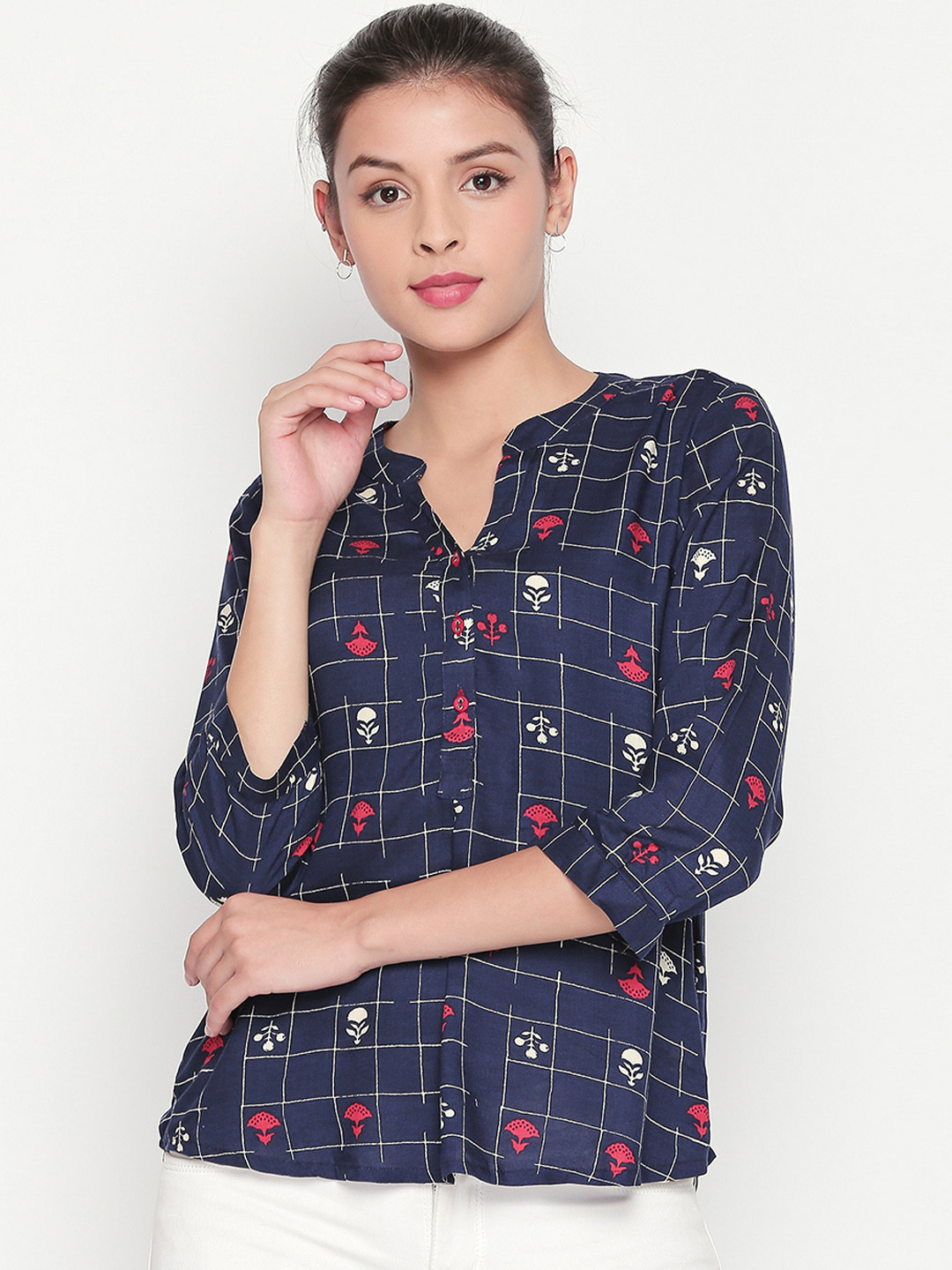 

AKKRITI BY PANTALOONS Women Blue Checked Shirt Style Top
