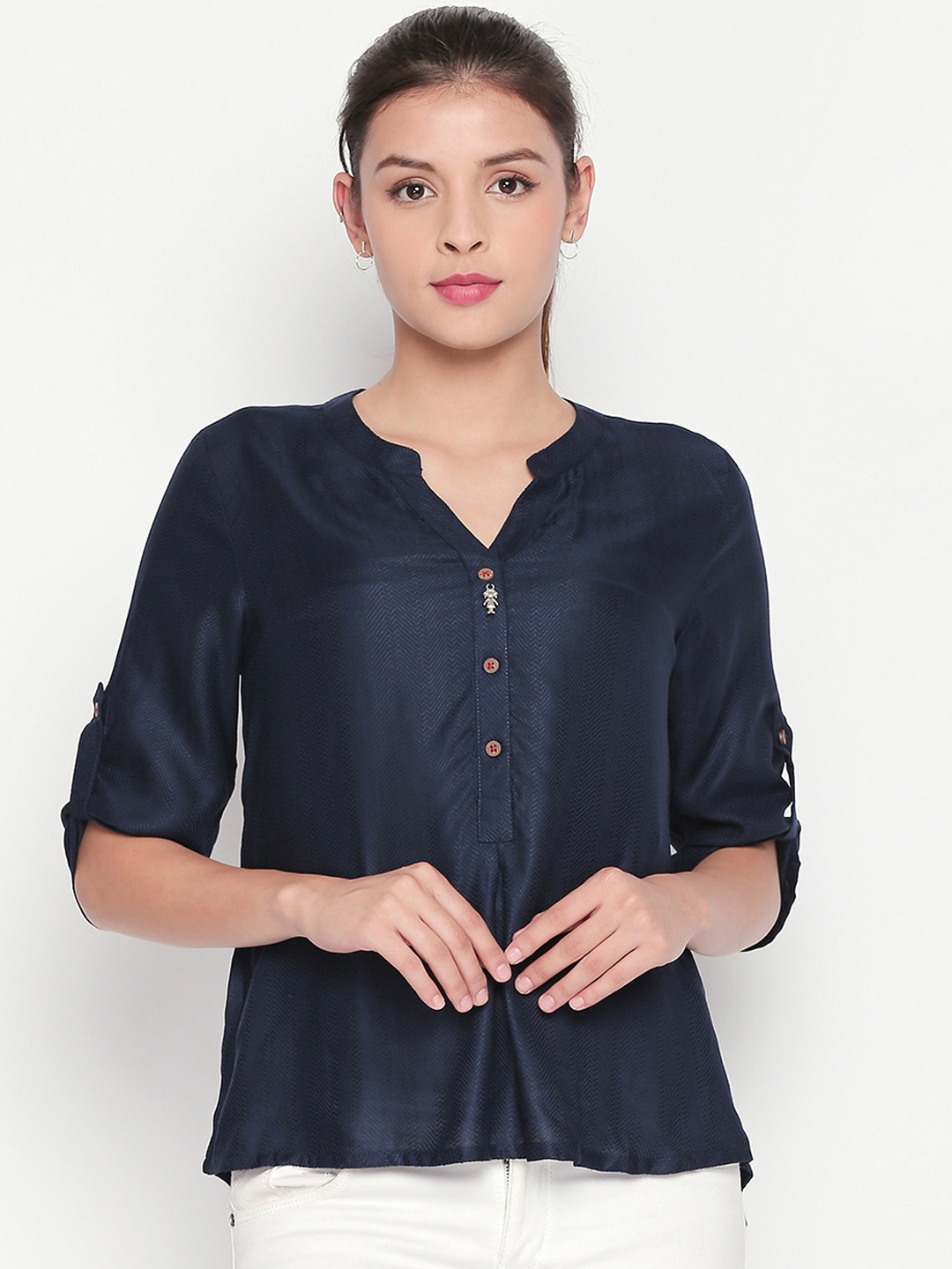 

AKKRITI BY PANTALOONS Women Blue Solid Shirt Style Top