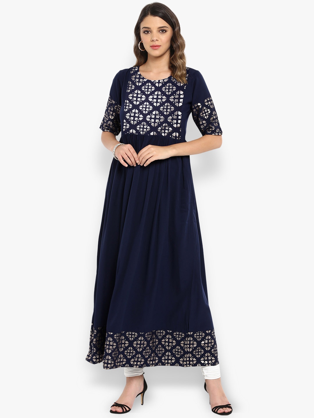 

Janasya Women Navy Blue Printed Anarkali Kurta