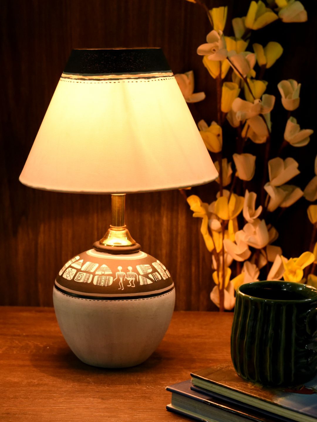 

Unravel India White Hand-Painted Worli Teracotta Bedside Standard Lamp