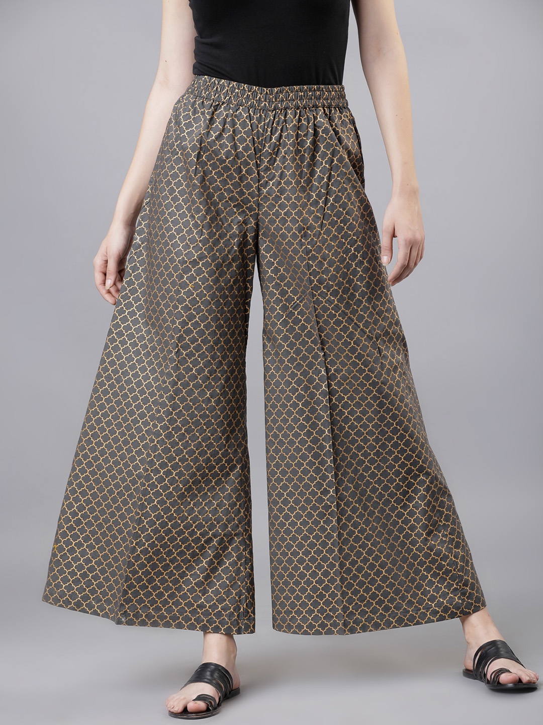 

Vishudh Women Grey & Gold-Toned Printed Wide-Leg Palazzos