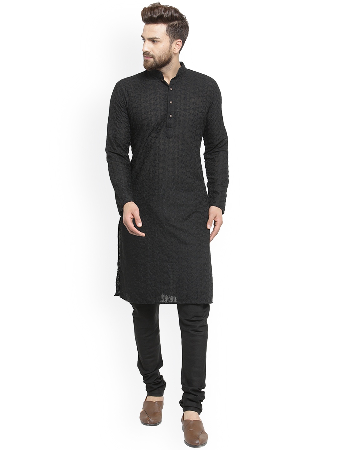 

TREEMODA Men Black Embroidered Chikankari Linen Kurta with Churidar