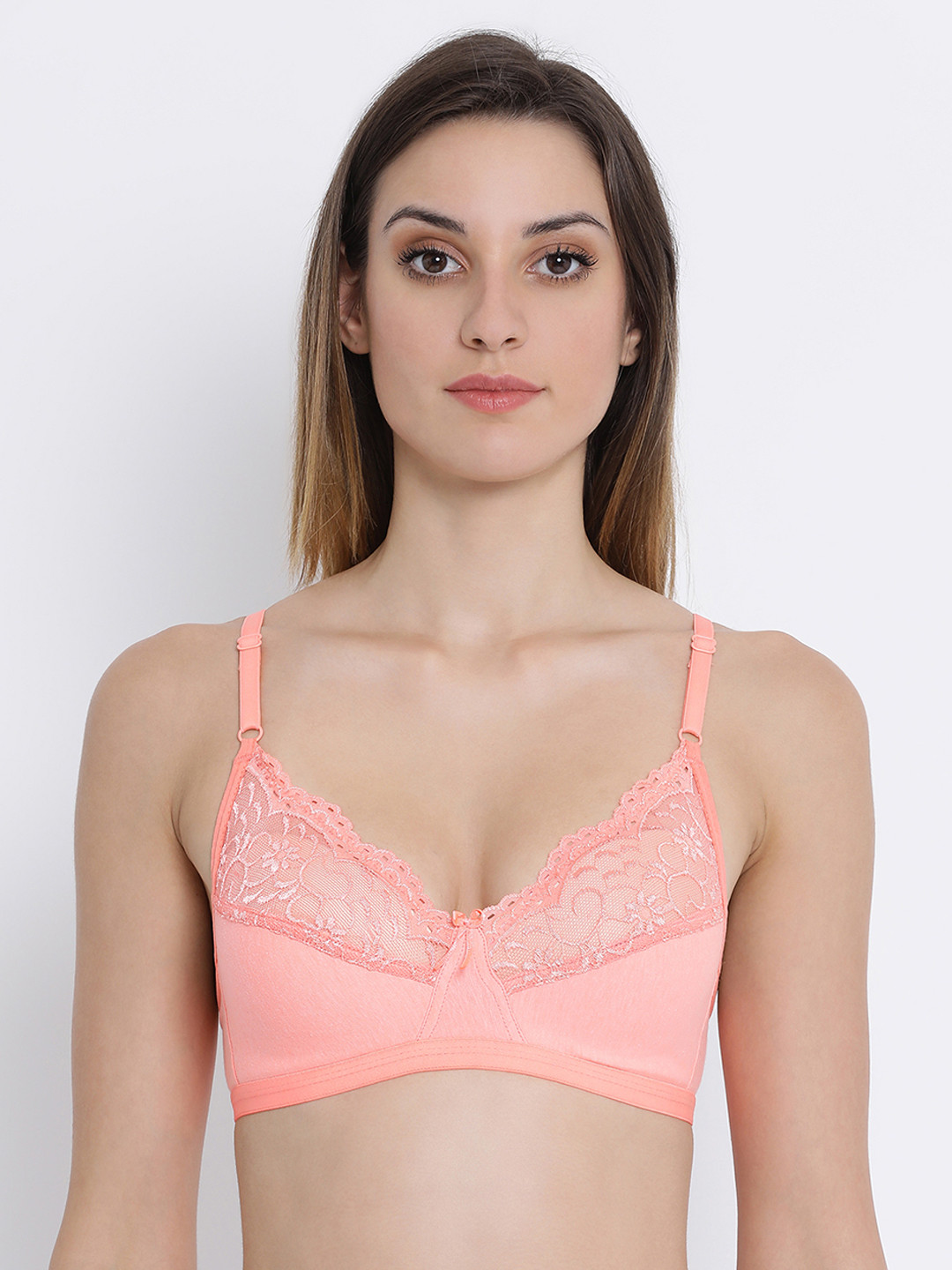 

Clovia Cotton Non-Padded Non-Wired Bra With Lacy Neck, Peach