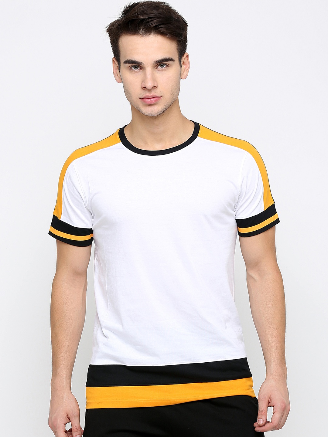 

Maniac Men White Yellow Colourblocked Round Neck Pure Cotton T-shirt