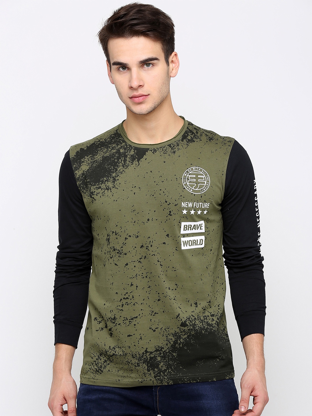 

Maniac Men Olive Green Printed Round Neck Pure Cotton T-shirt