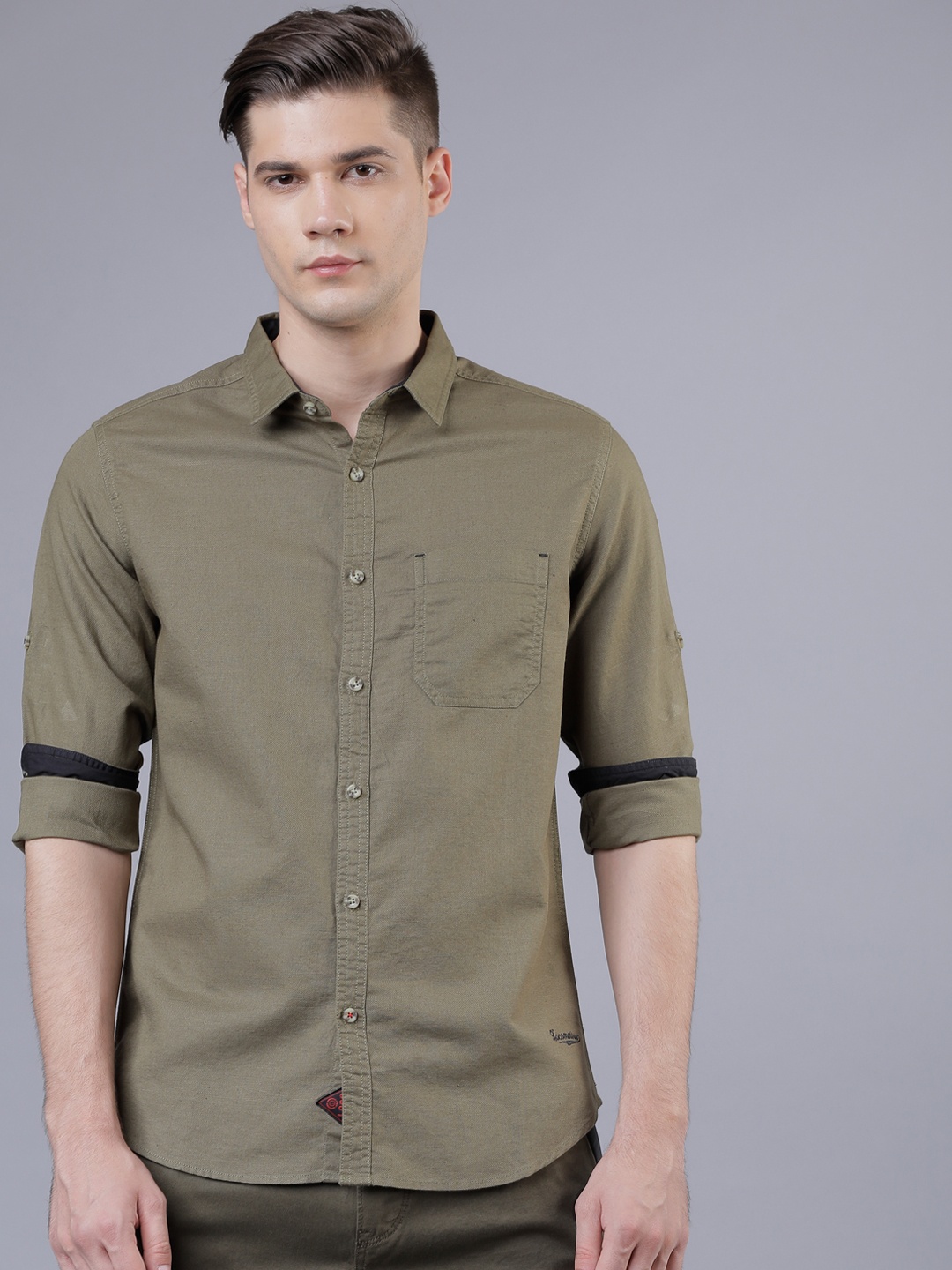 

LOCOMOTIVE Men Olive Green Slim Fit Cotton Linen Casual Shirt