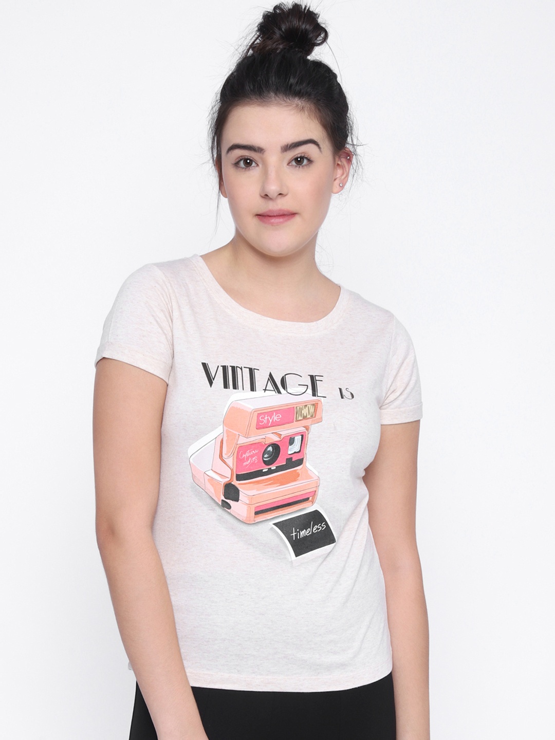 

Newport Women White Printed Round Neck T-shirt