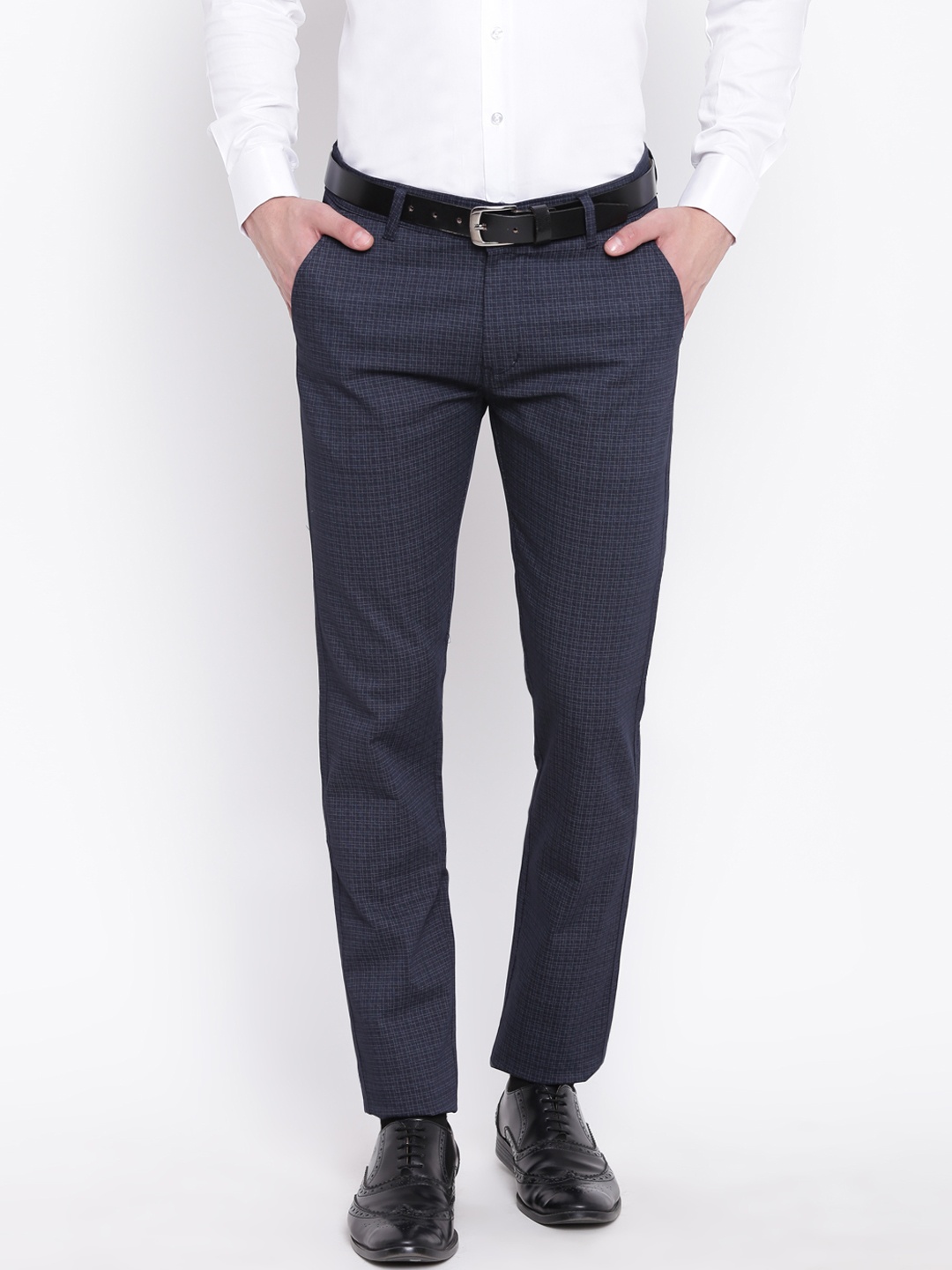 

Hancock Men Navy Blue Slim Fit Checked Formal Trousers