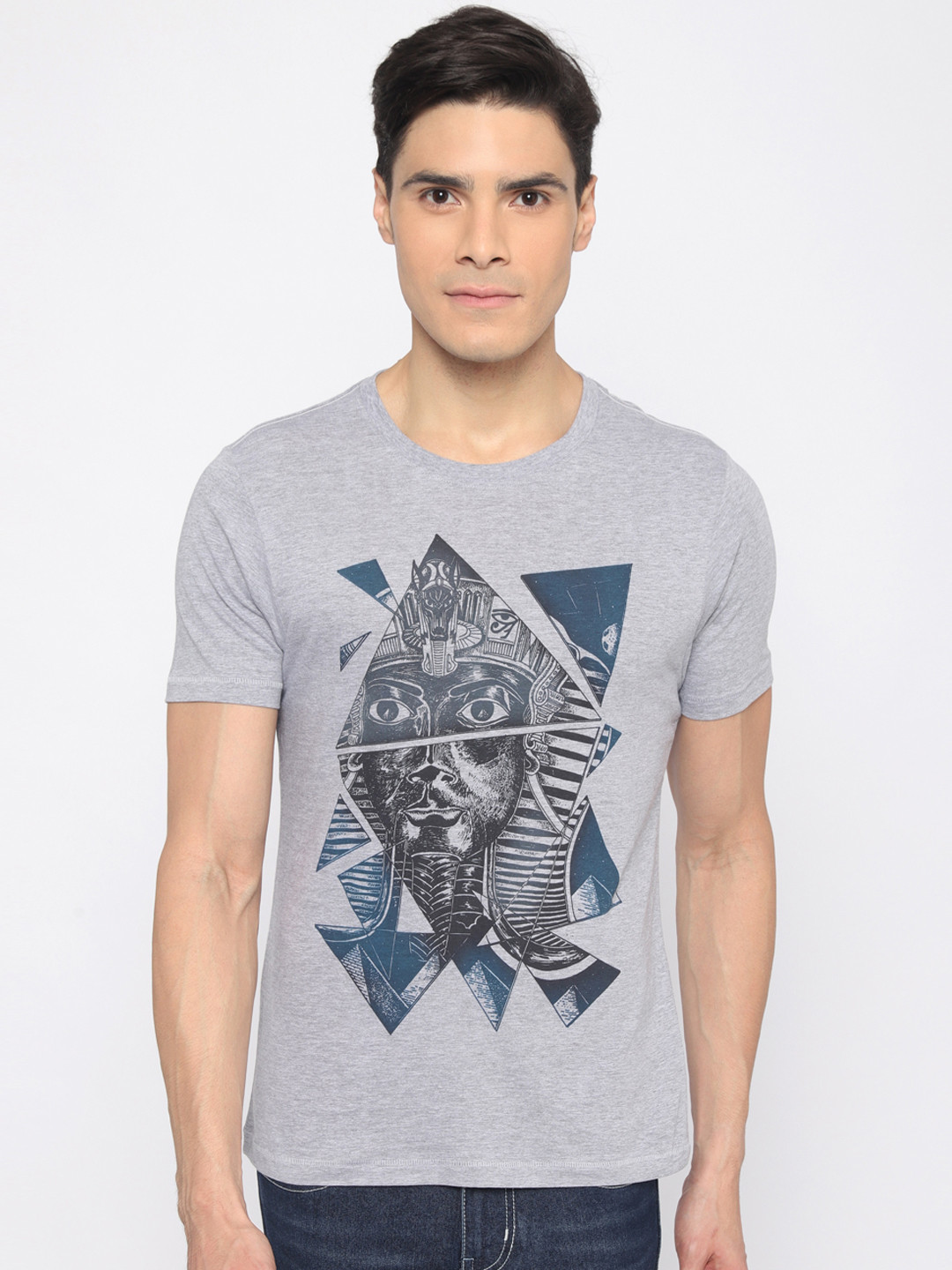 

Newport Men Grey Melange Printed Round Neck T-shirt
