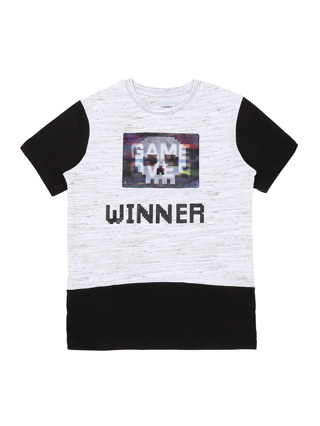 

Pantaloons Junior Boys White Black Printed Round Neck Pure Cotton T-shirt