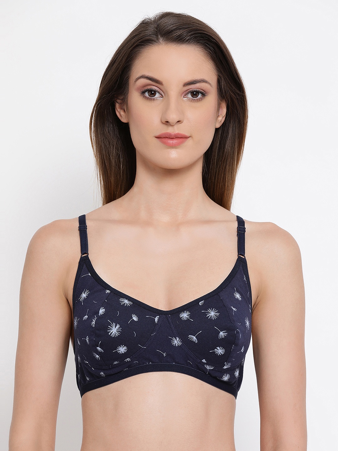 Clovia Cotton Non-Padded Non-Wired Floral Print Bra, Navy blue