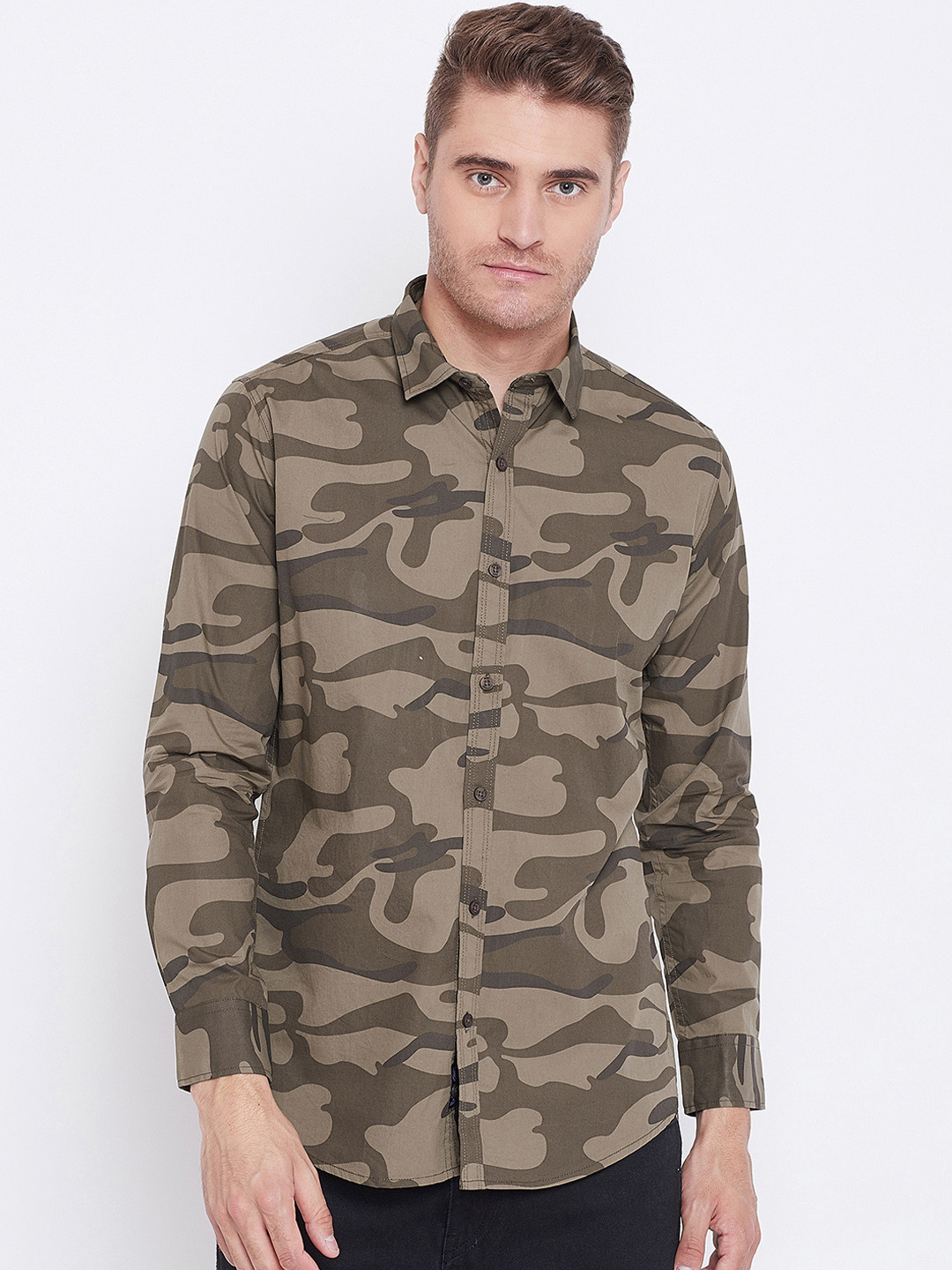 

Duke Men Olive Brown Regular Fit Printed Casual Shirt