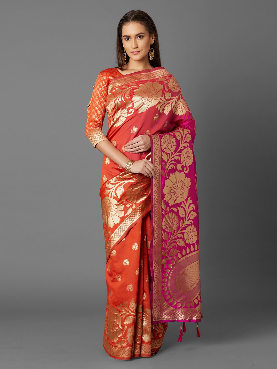 

Mitera Orange & Pink Silk Blend Woven Design Kanjeevaram Saree