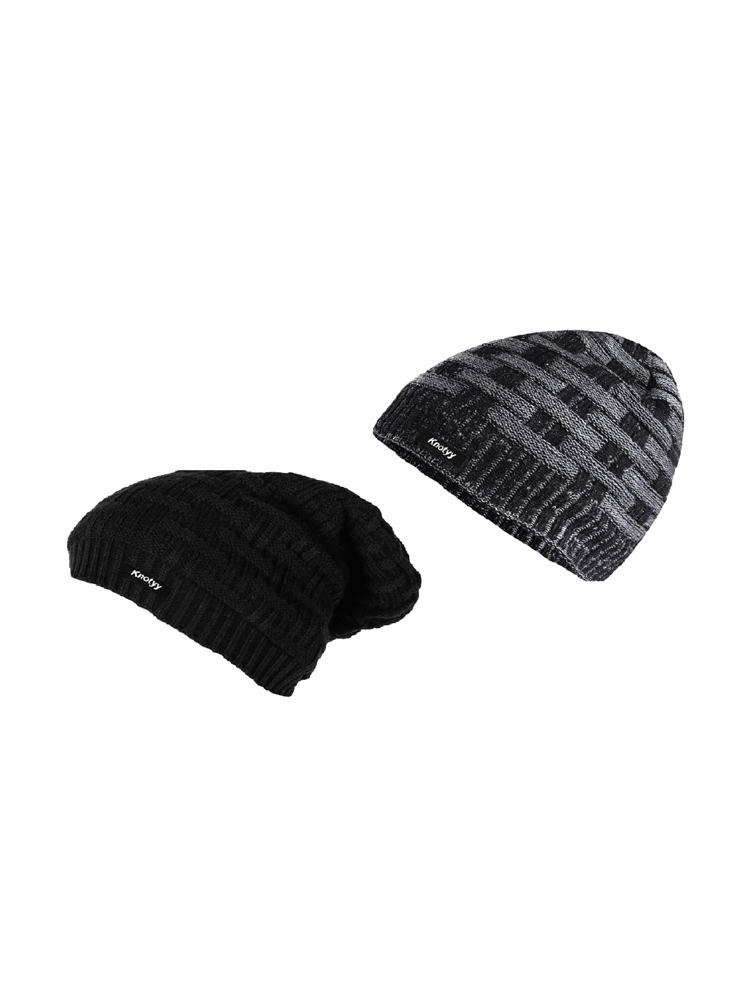 

Knotyy Men Set Of 2 Black & Grey Self Design Beanie