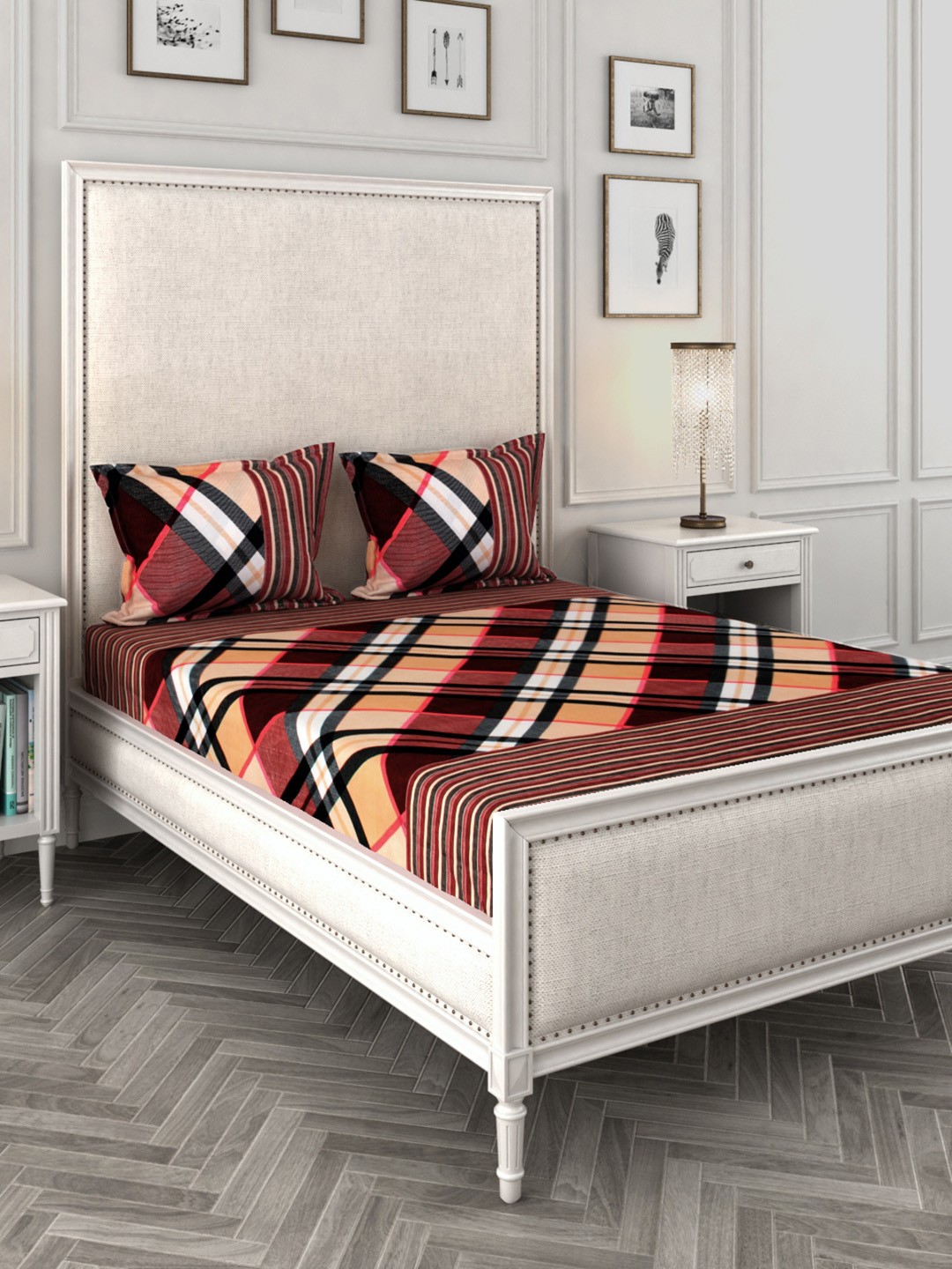 

ROMEE Multicoloured Geometric 144 TC Microfiber 1 Queen Bedsheet with 2 Pillow Covers, Multi