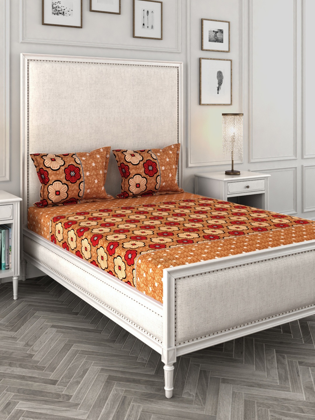 

ROMEE Floral Printed 144 TC Microfiber Queen Bedsheet with 2 Pillow Covers, Beige
