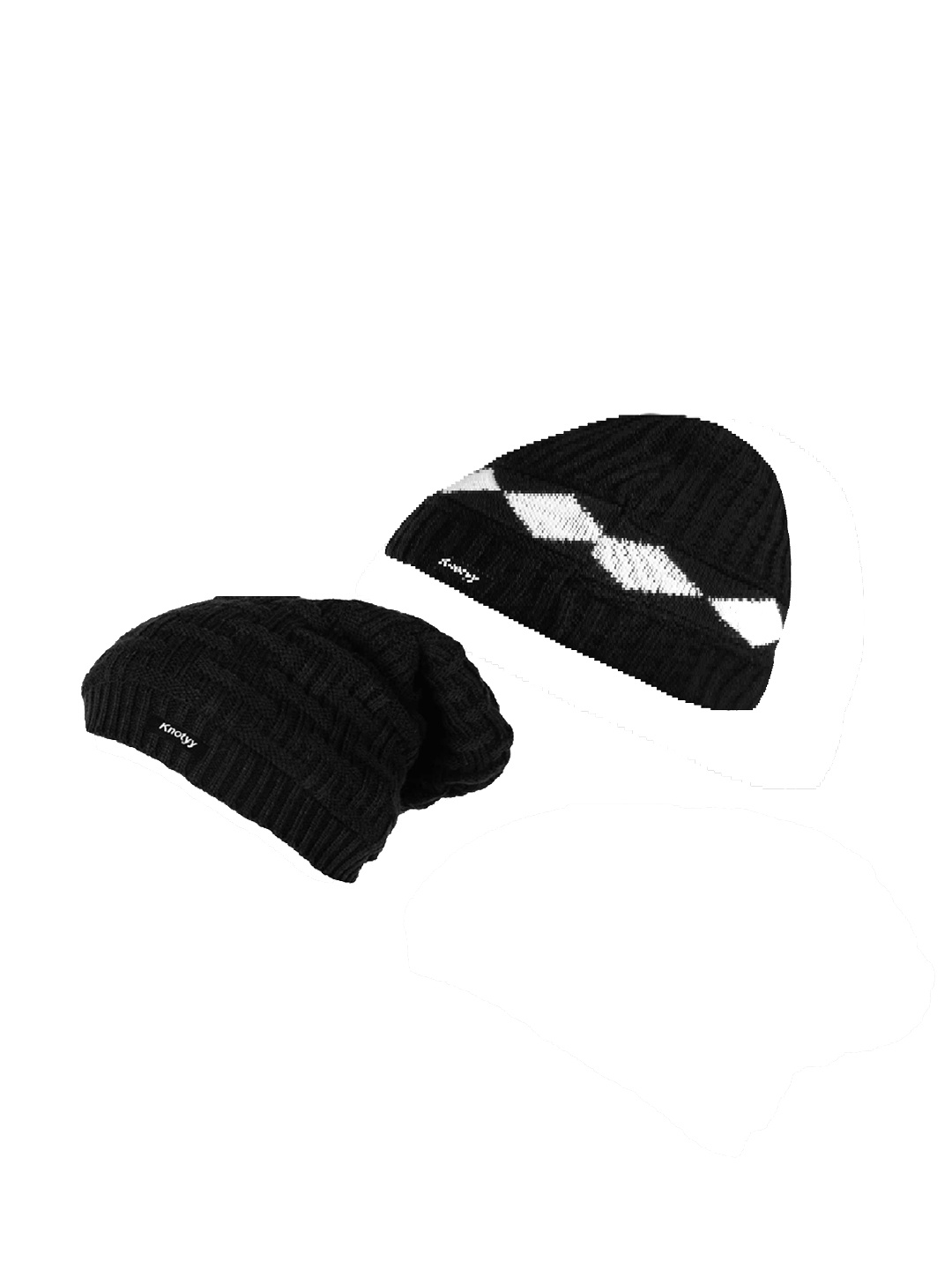 Knotyy Men Black Pack of 2 Self Design Beanie