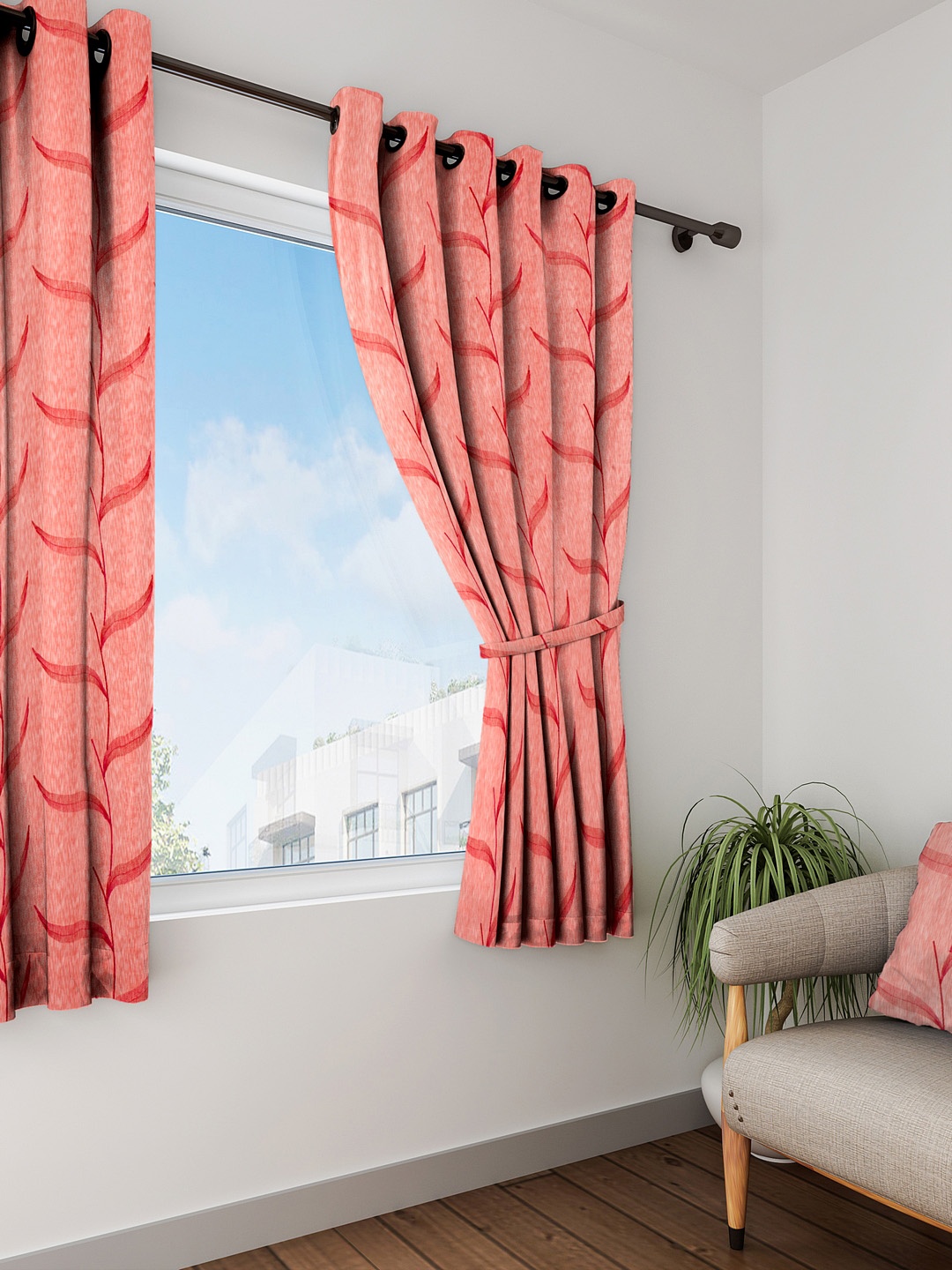 

Cortina Peach-Coloured & Maroon Single Window Curtains