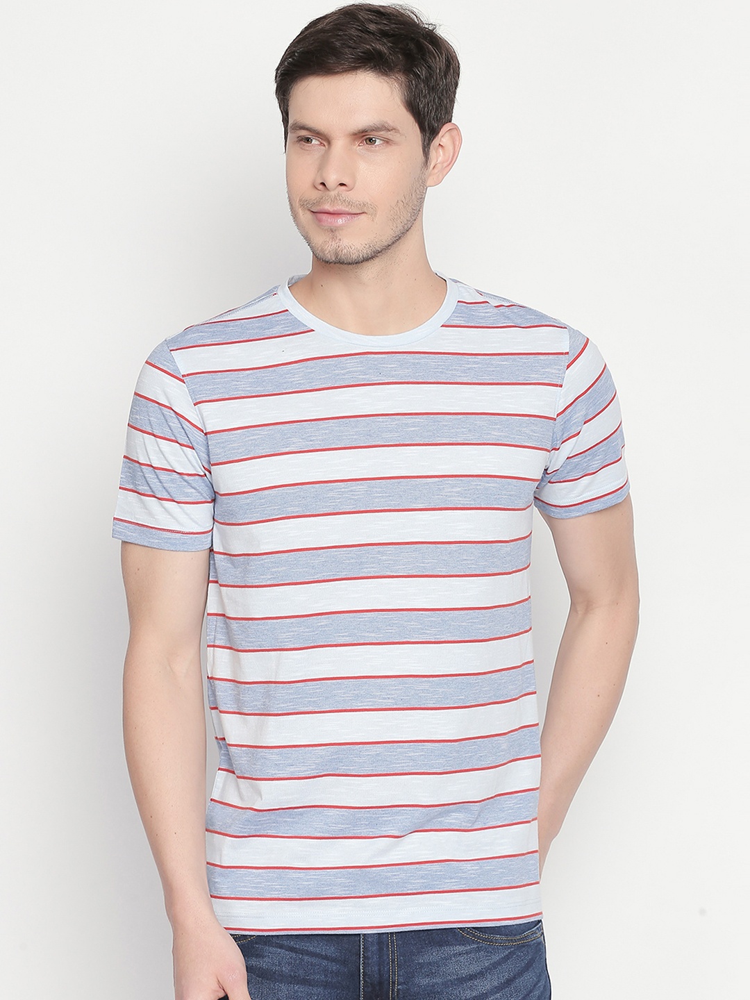 

Urban Ranger by pantaloons Men Blue Striped Round Neck Pure Cotton T-shirt