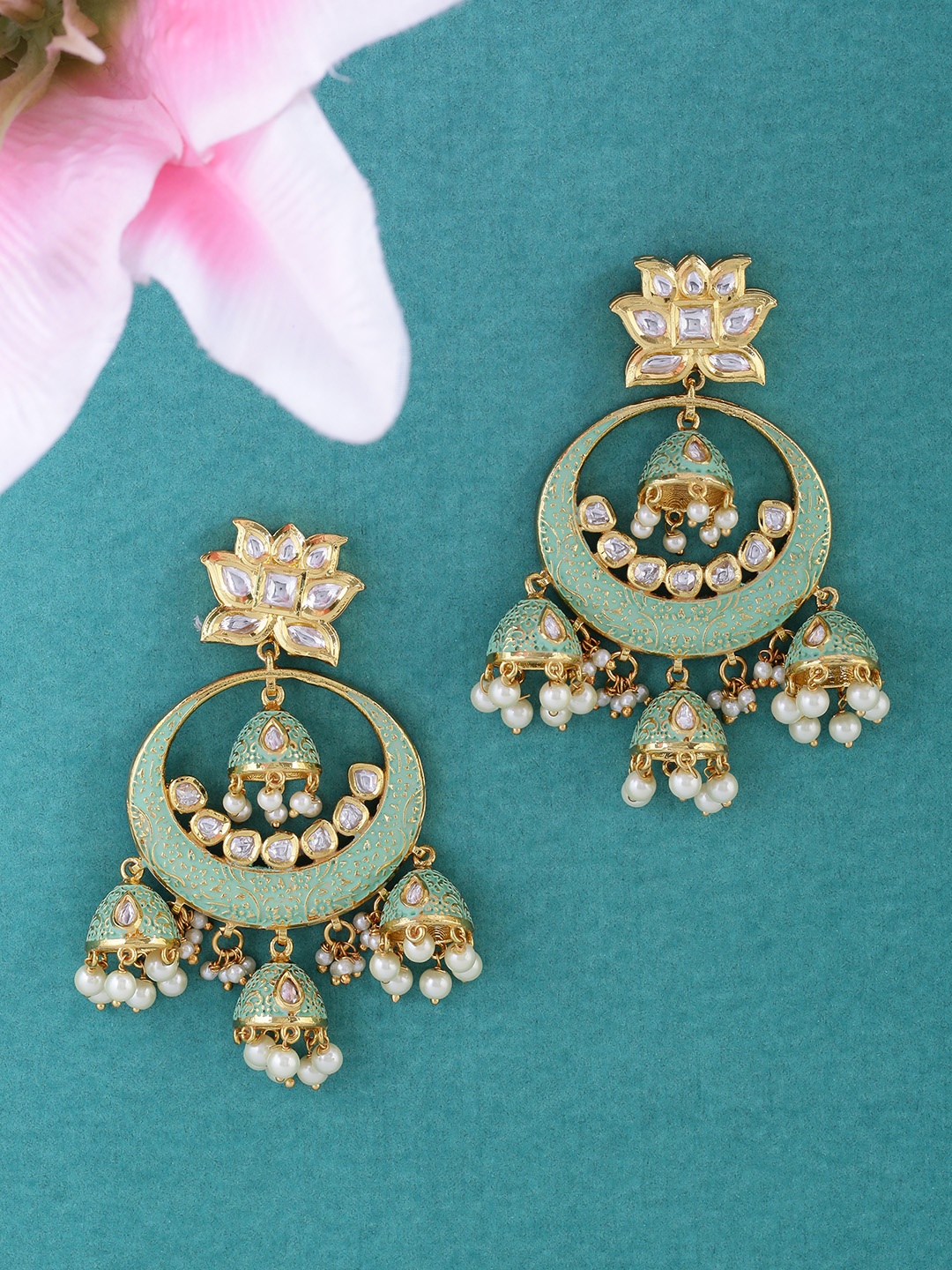 

Tistabene Green & Gold-Plated Contemporary Jhumkas
