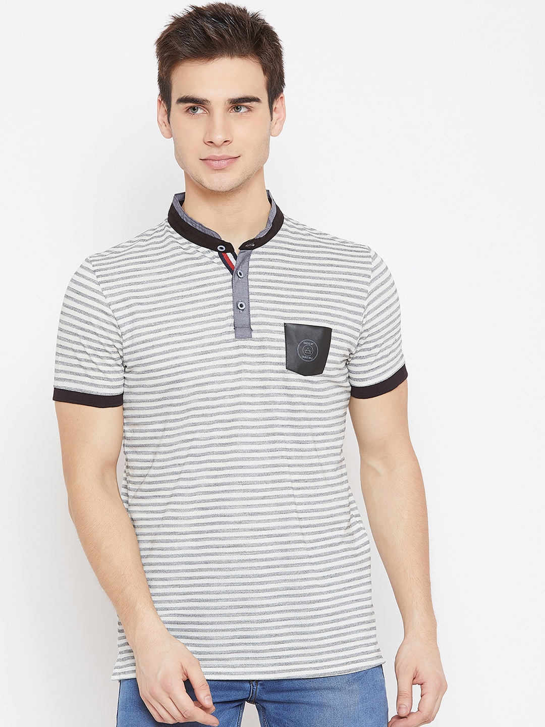 

Duke Men Grey Striped Mandarin Collar T-shirt