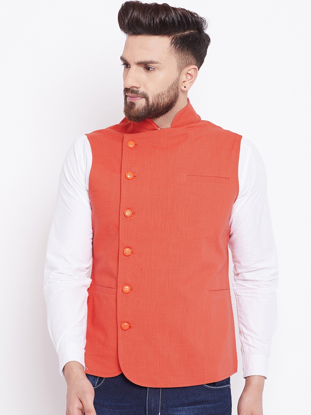 

Hypernation Men Orange Solid Pure Cotton Waistcoat