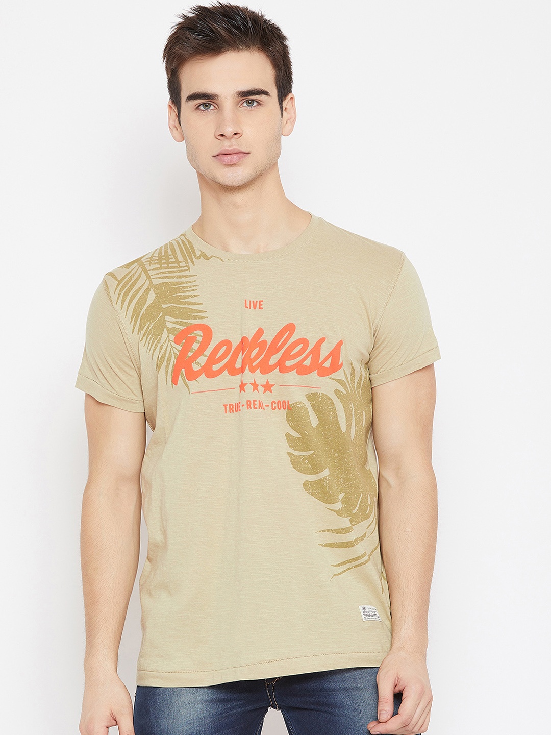 

Duke Men Beige Printed Round Neck T-shirt