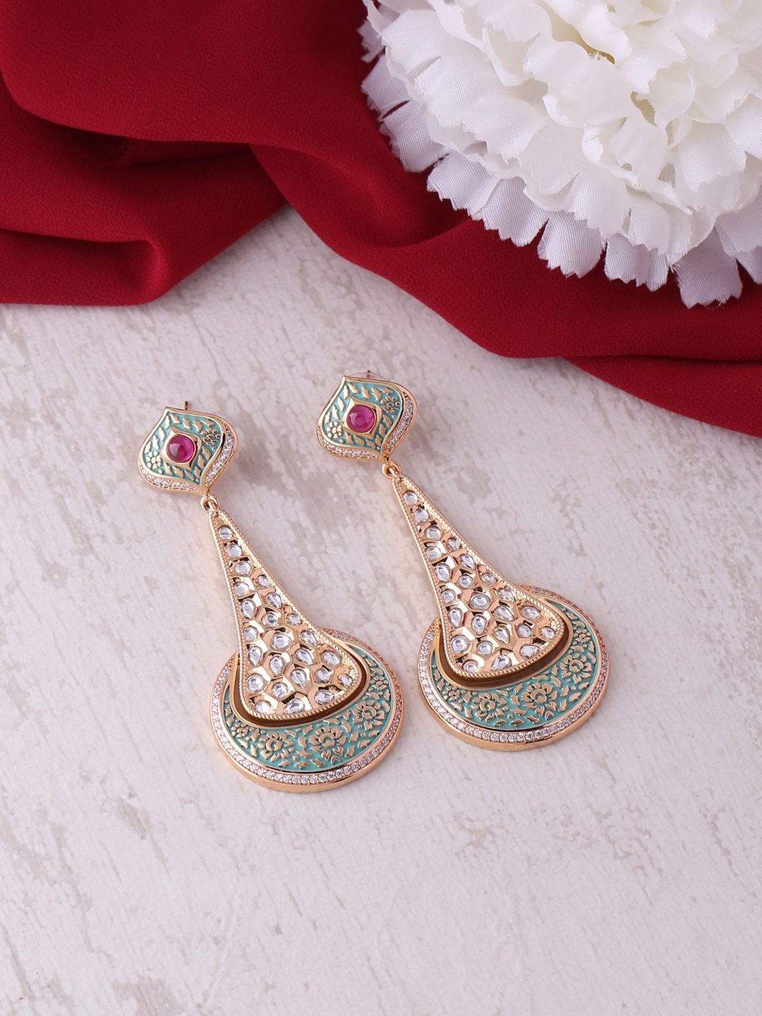 

Tistabene Gold-Plated & Green Contemporary Drop Earrings