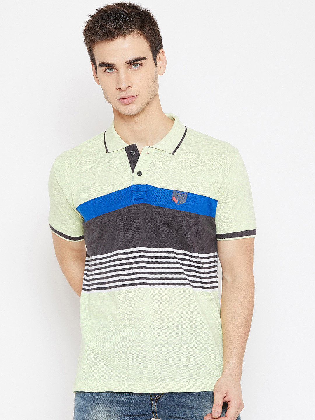 

Duke Men Lime Green & Blue Striped Polo Collar T-shirt