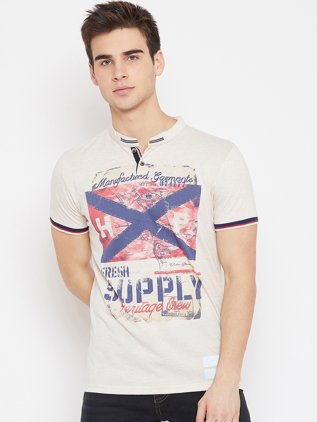 

Duke Men Cream-Coloured Printed Mandarin Collar T-shirt