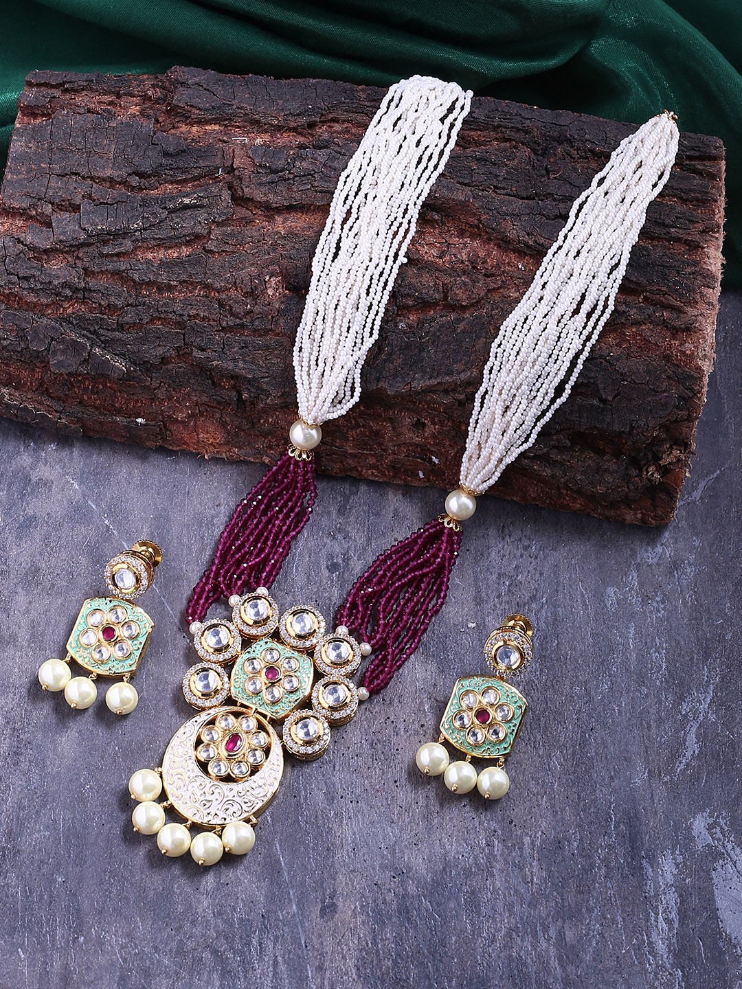 

Tistabene Women Gold-Plated Kundan Polki Pearls Jewellery Set, Green