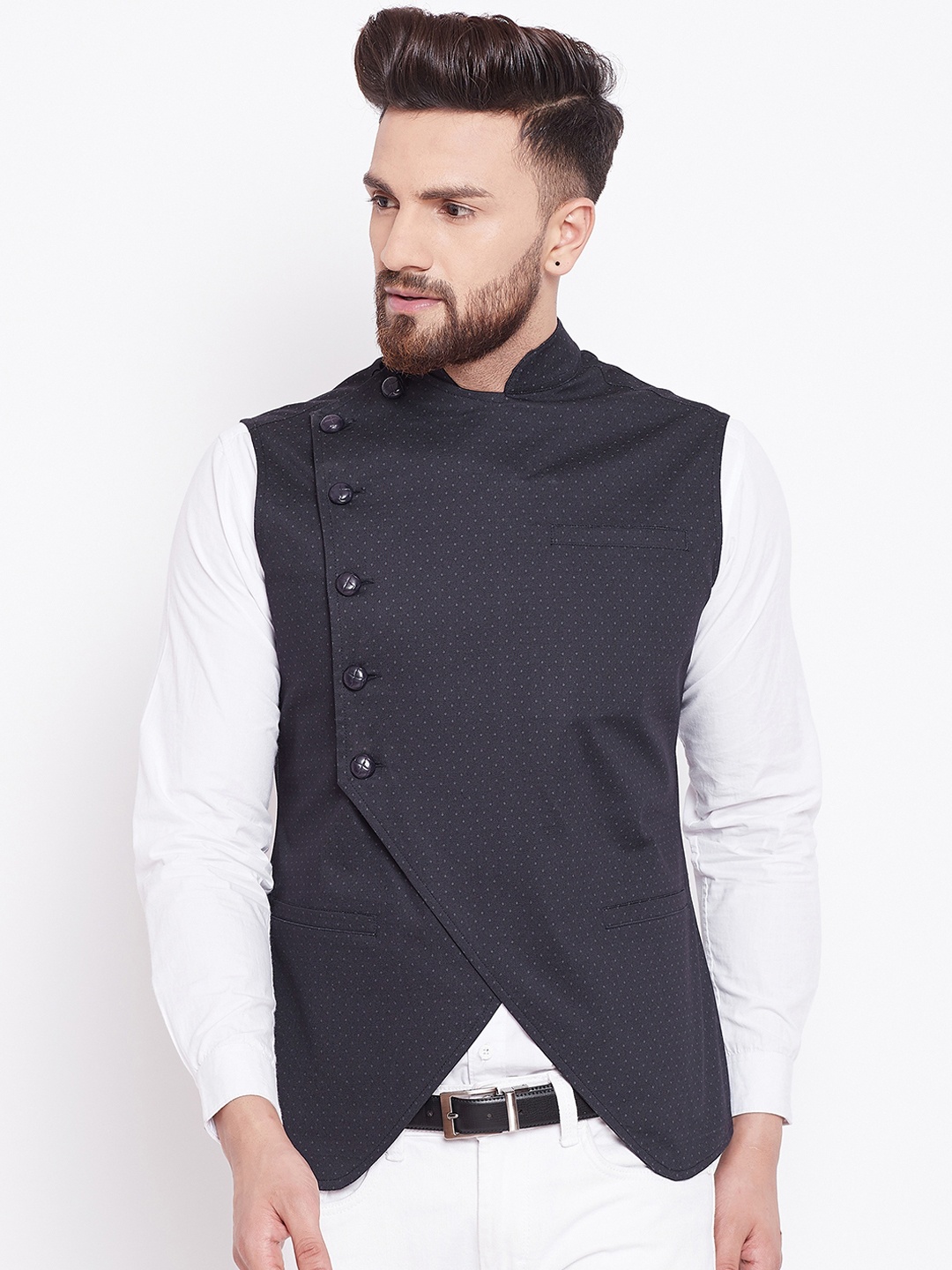 

Hypernation Men Black Printed Woven Pure Cotton Nehru Jacket