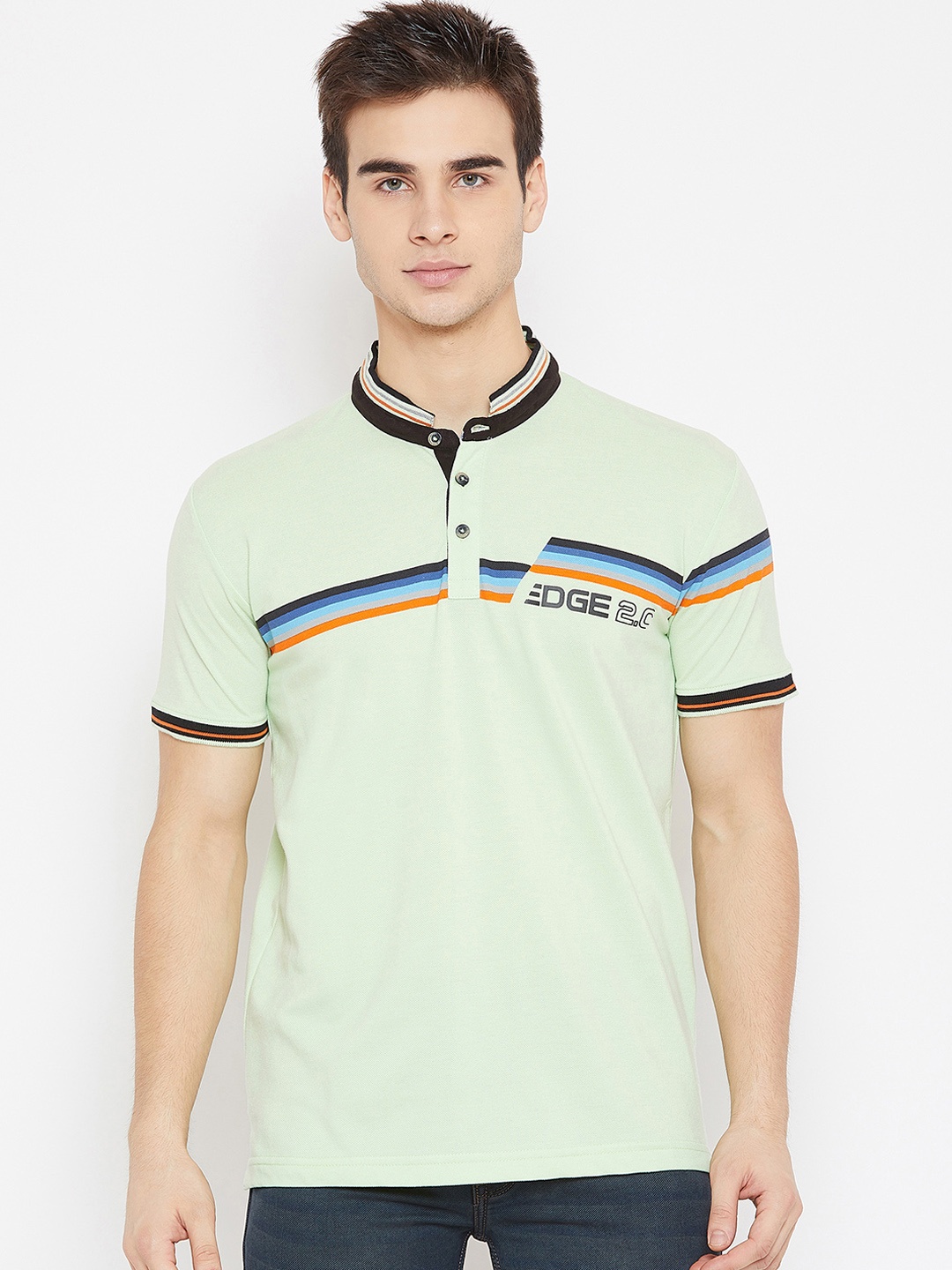 

Duke Men Green Striped Mandarin Collar T-shirt