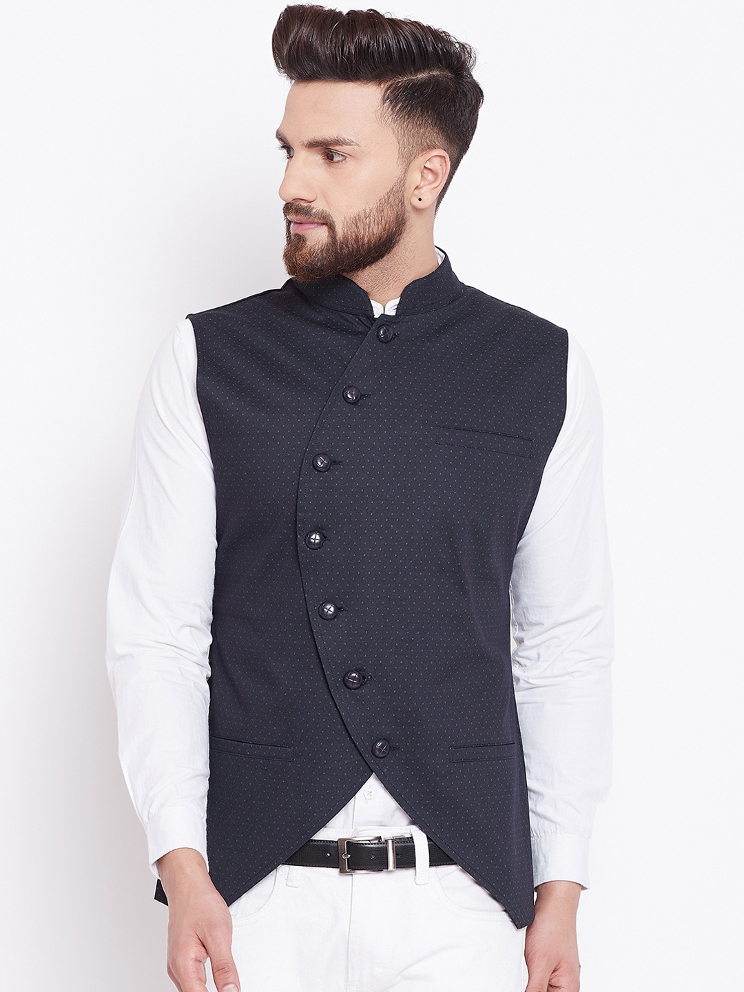 Hypernation Men Black Printed Woven Pure Cotton Nehru Jacket