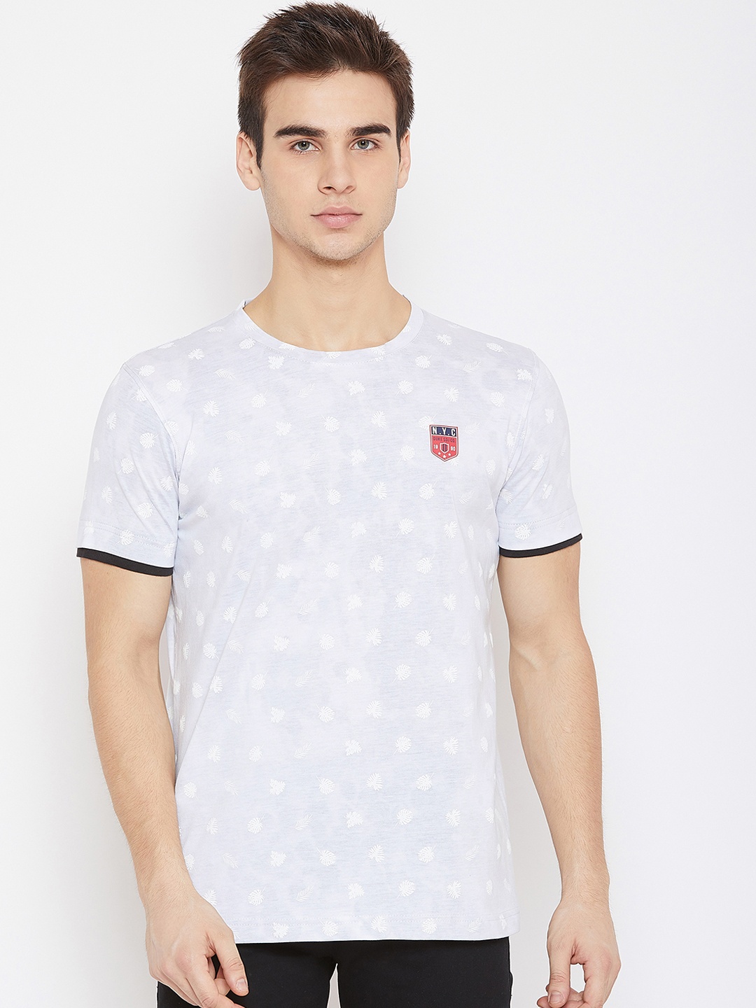 

Duke Men White & Blue Printed Round Neck T-shirt