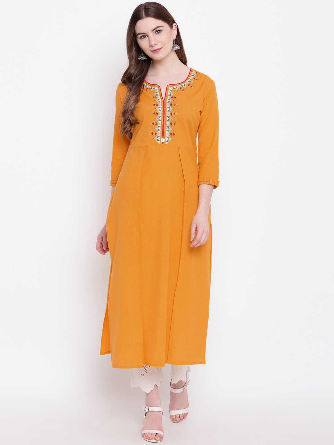 

Sheryl Women Mustard Embroidered A-Line Kurta