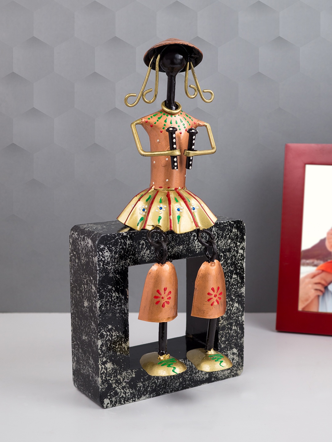

Golden Peacock Tribal Sitting Musician Doll Handcrafted Showpiece, Multi