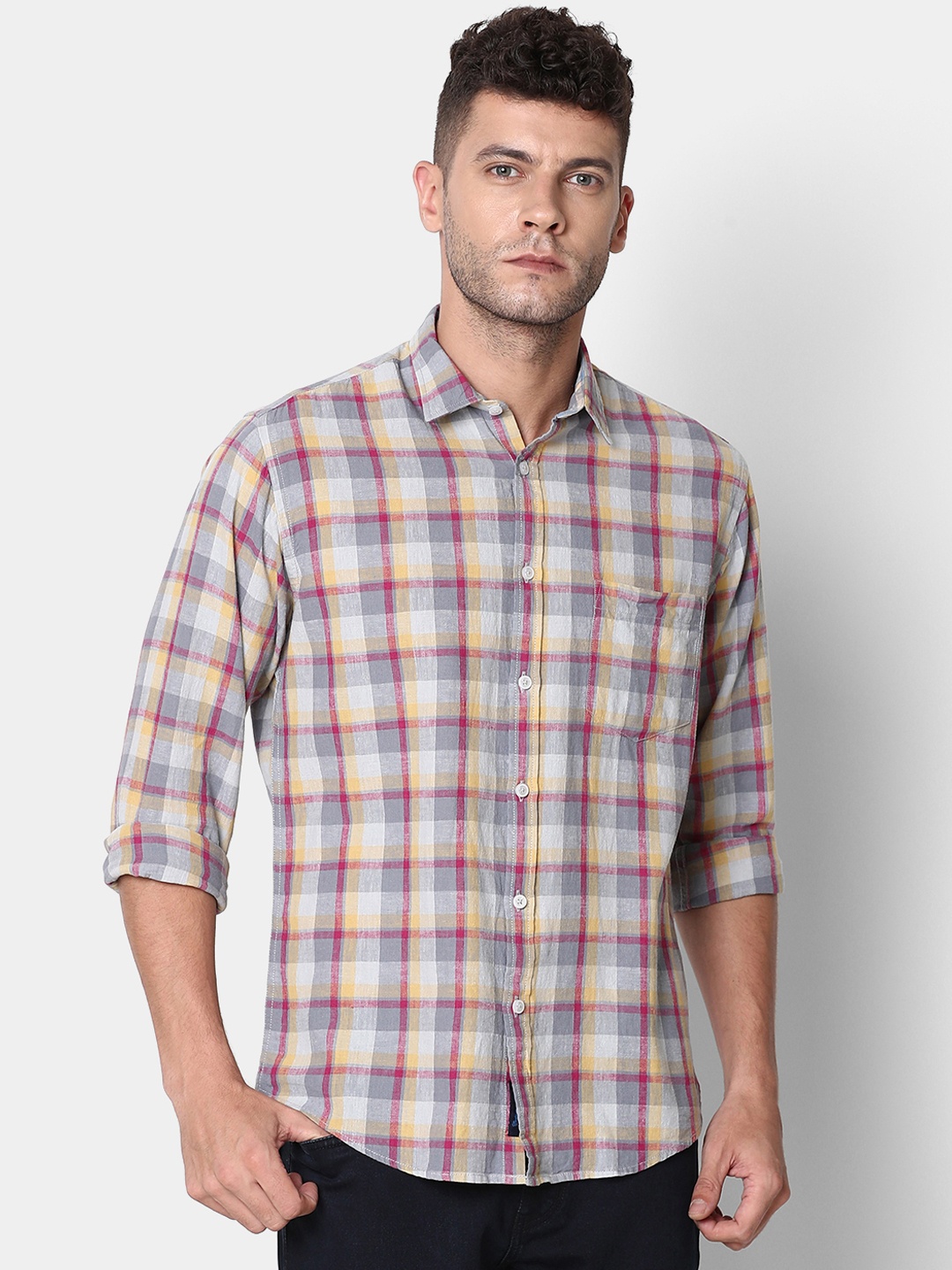 CAVALLO by Linen Club Men Linen Cotton Grey Regular Fit Checked Casual Shirt