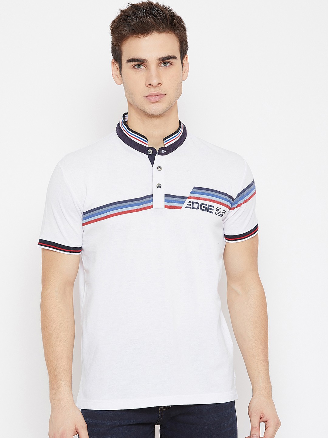 

Duke Men White Striped Mandarin Collar T-shirt