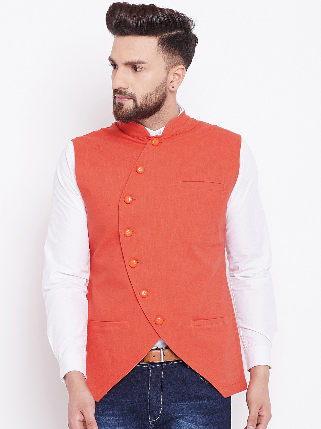 

Hypernation Men Orange Solid Waistcoat