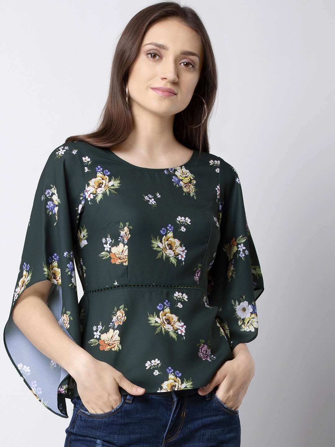 

FabAlley Women Green Floral Print Cinched Waist Top