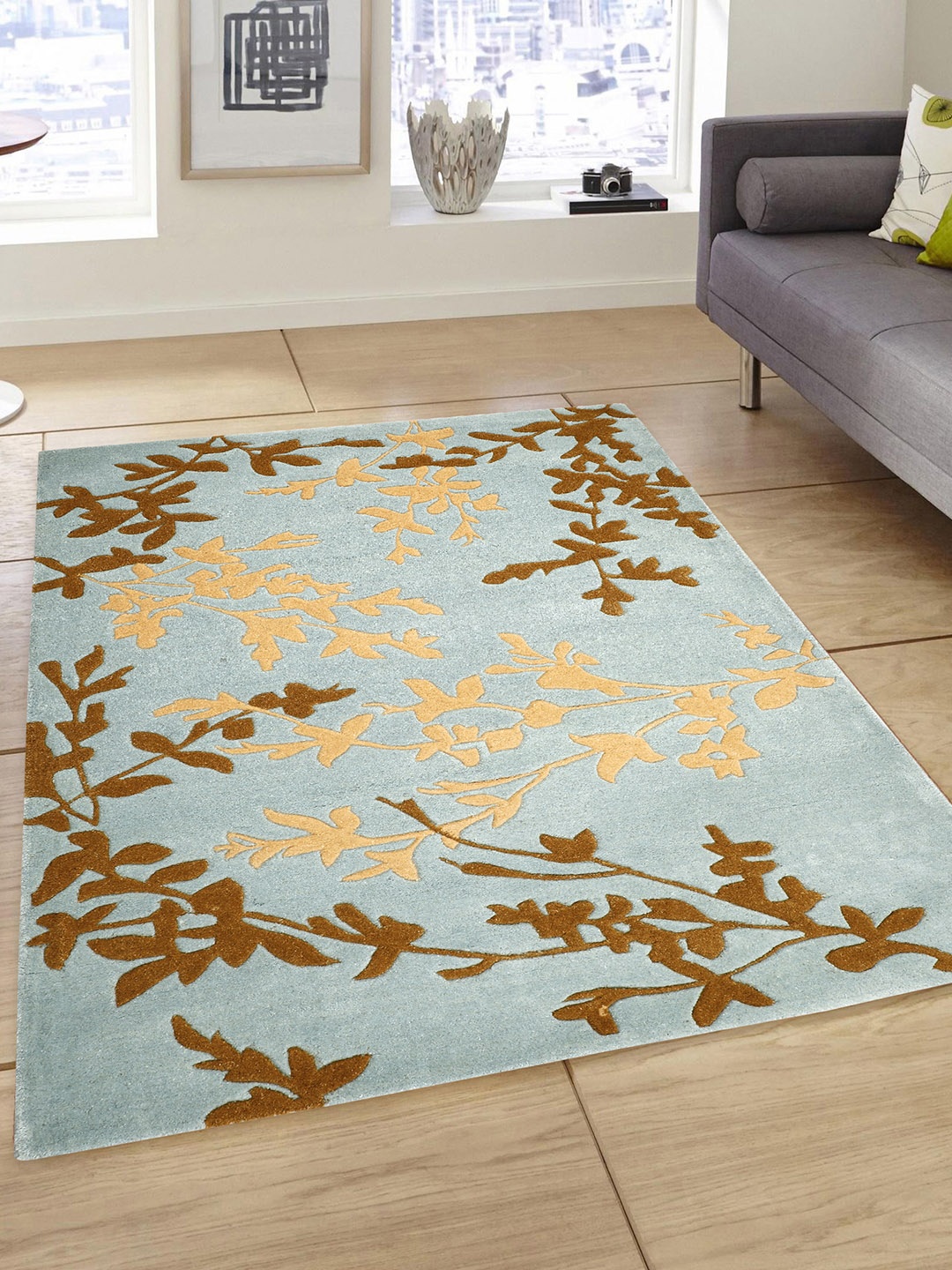 

PRESTO Blue and Brown Printed Handmade Anti-Skid Woolen Carpet