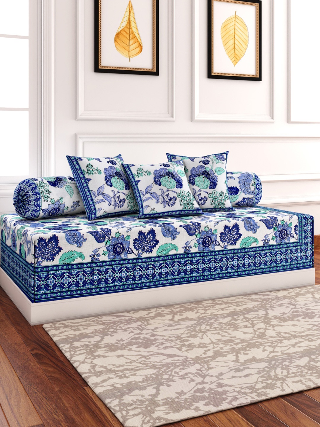 ROMEE Set of 6 White & Blue Printed Diwan Set