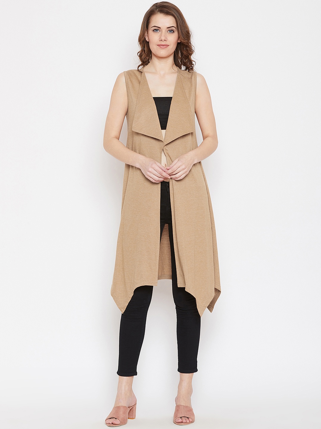 

Hypernation Women Khaki Solid Open Front Shrug