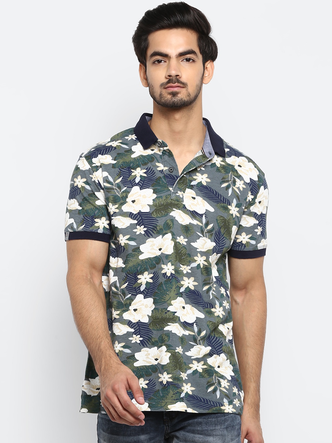 

Mufti Men Grey Off-White Printed Polo Collar Slim Fit Pure Cotton T-shirt