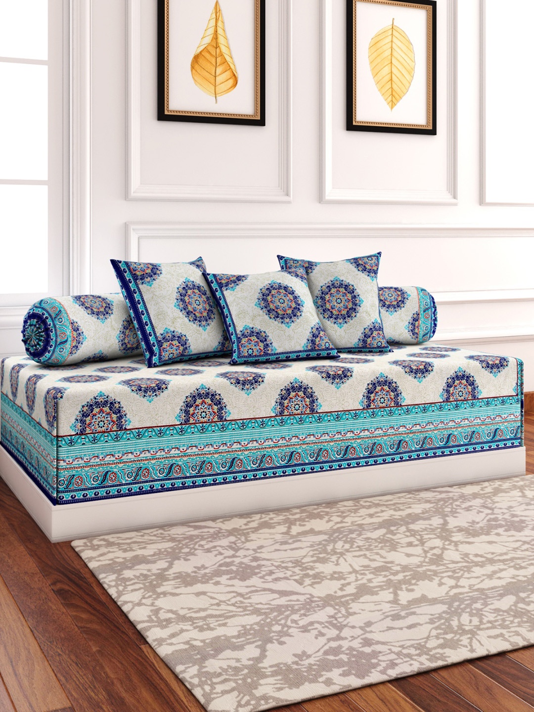 

ROMEE Set of 6 Turquoise Blue & Beige Printed 144 TC Diwan Set