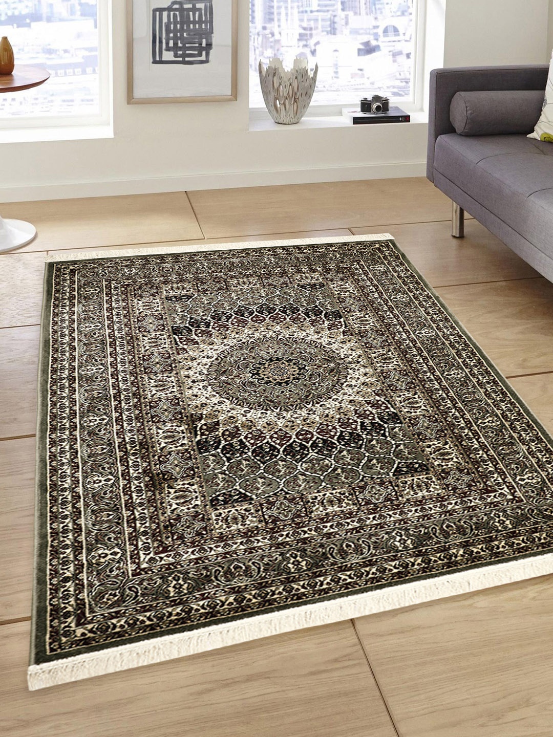 PRESTO Beige & Black Printed Handmade Anti-Skid Woolen Carpet