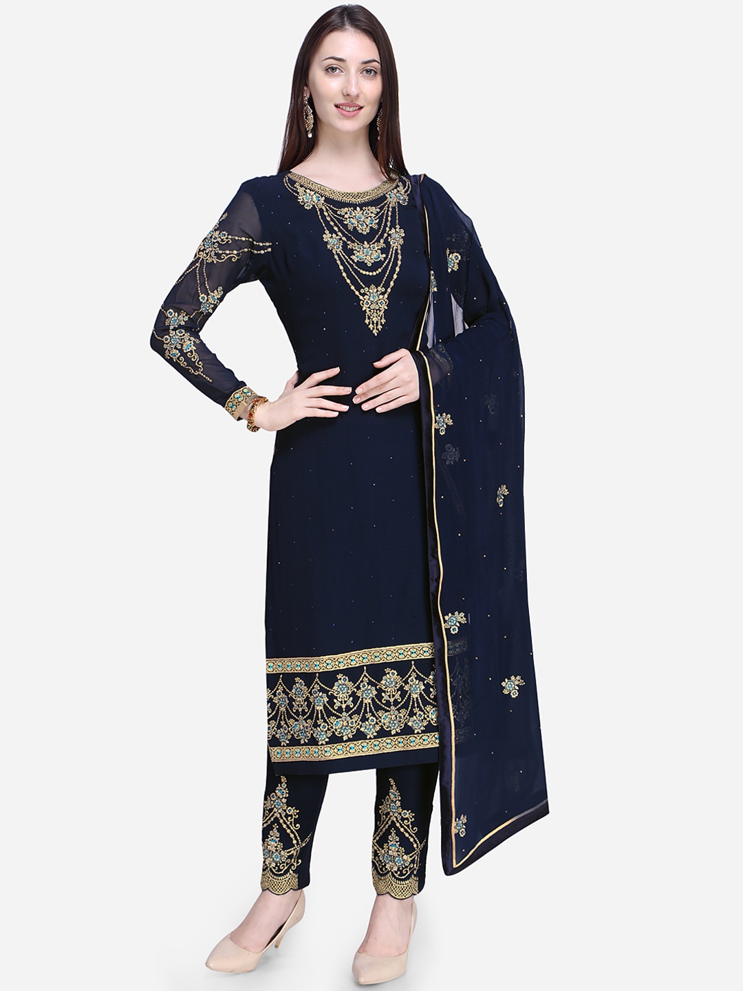 

Stylee LIFESTYLE Navy Blue Poly Georgette Semi-Stitched Dress Material