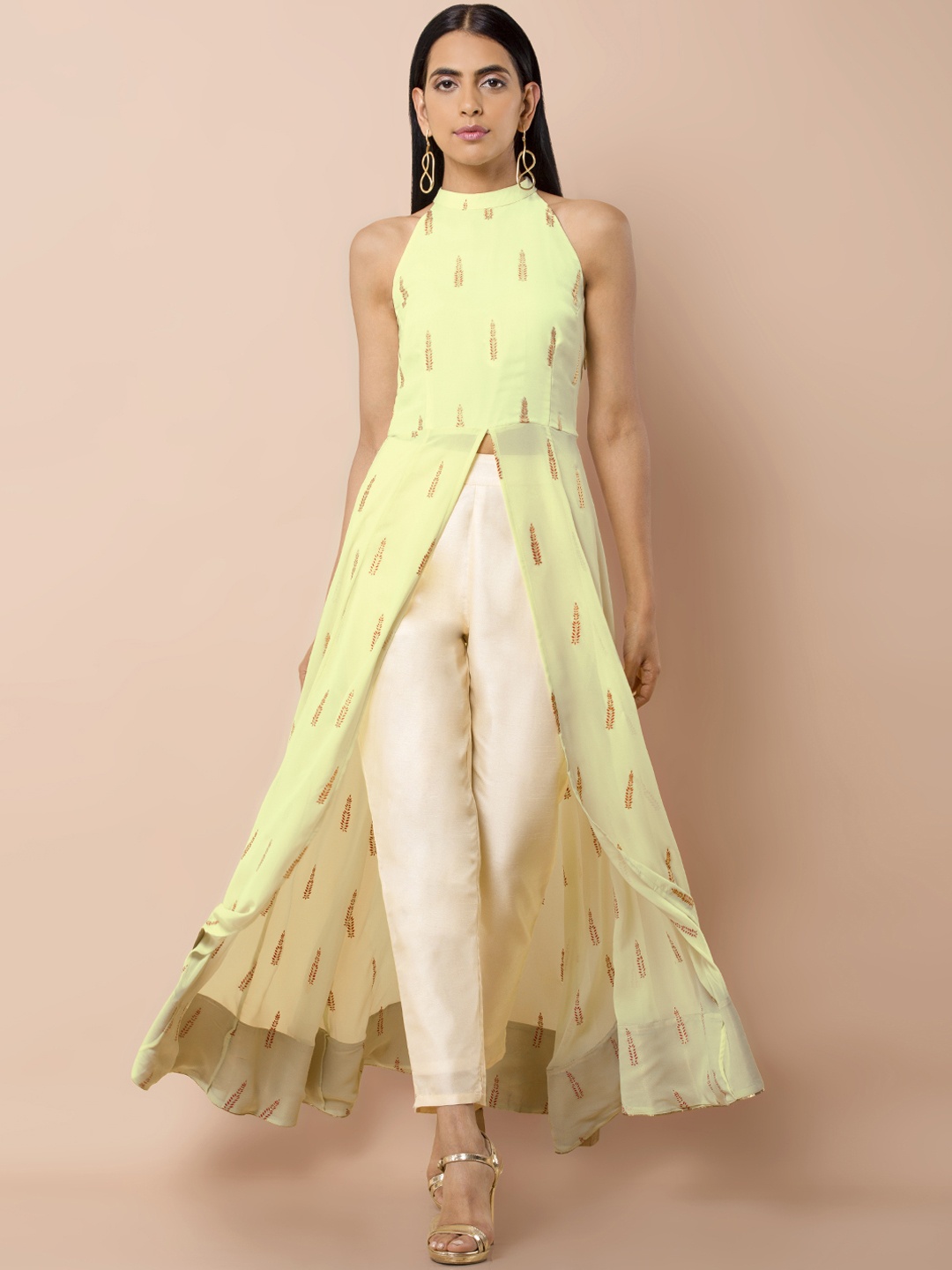 

INDYA Mint Foil Halter Neck Maxi Kurta, Lime green